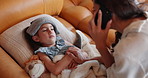 Phone call, sick and mother with girl, home and illness with disease, connection and communication. Apartment, single parent and family with mama, daughter and smartphone with app, fever and flu