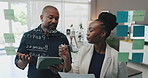 Man, woman and finance with writing, glass wall and advice with sales, brainstorming and review in office. People, mentor and learning with notes, feedback and planning budget at creative agency