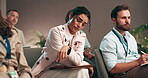 Bored, seminar and time with business woman in conference room for development or learning, Checking watch, late and workshop with annoyed employee in professional office for upskill training