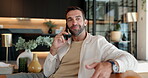 Relax, phone call and smile with man on sofa for communication, conversation or social media. Happiness, discussion and contact with person and talking on mobile in living room at home for connection