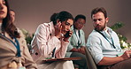 Seminar, business woman and phone call with noise, disruptive or angry audience. Mobile, talk and communication at conference with group distraction, interrupt and embarrassed at corporate workshop