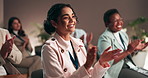 Happy, business people and meeting with applause for presentation, well done or team promotion at seminar. Group, employees or audience clapping with smile for good job, thank you or congratulations