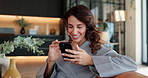 Home, relax and woman on couch, cellphone and typing with internet, connection and message. Happy person, apartment and mature lady with smartphone, communication or social media with contact or text