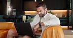 Smile, relax and laptop with man on sofa for social media like, comment post and typing. Happiness, network and online update with person in living room at home for communication and contact