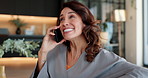 Woman, talk and laughing with phone call at house of discussion, funny joke and catch up in lounge. Happy, female person and relax on mobile for conversation, gossip news and chat online with contact