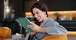 Home, funny and woman with smile, tablet and typing with internet, connection and humor. Mature person, apartment and happy with tech, communication and social media with message, laughing and joke