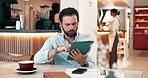 Businessman, customer and online with tablet in restaurant for remote work, small business registration and planning. Entrepreneur, digital tech and scroll with website research and funding proposal
