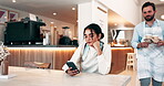 Customer, phone and waiter serving coffee at table for friendly service, takeaway order and lunch break. Hospitality industry, woman and barista with cappuccino beverage for local support or purchase