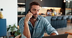 Remote work from home, phone call and man with stress, laptop and communication with debt. Family, person and guy with pc, smartphone or conversation with anxiety, conversation and chatting in lounge