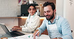 Business, partner and meeting with tablet in cafe for budget planning, sales review and financial management. Hospitality teamwork, people and restaurant manager with digital app for supplier invoice