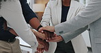 Group, hands and stack with celebration in office with solidarity, support and connection at startup. People, lawyers and team for synergy, link and win with applause for motivation, goals or success