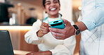 Happy woman, hands and pos machine with payment at cafe for NFC transaction or wireless atm. Female person, waiter and customer with smile for fintech, purchase or checkout at indoor coffee shop