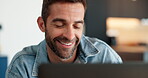 Smile, man and laptop for remote work at house for communication, editing blog and article feedback. Male writer, online and reading email, proofreading story and proposal update of publishing agency