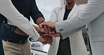 Group, hands and stack with success in office with solidarity, support and connection at startup. People, collaboration and team for synergy, link and winning with motivation, goals or celebration