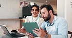 Business people, laptop and tablet with documents at cafe for performance, profit or revenue at restaurant. Businessman, woman or coworkers with technology or paperwork for review at coffee shop