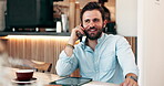 Business man, customer and phone call in cafe with happy news, startup funding deal and opportunity. Entrepreneur, laughing and speaking to contact for networking, remote work and funny conversation