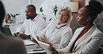 Business people, meeting and conversation with tablet, documents and cooperation with investment. Employees, seminar or financial firm with brokers, discussion or talking with technology and app