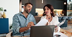Couple, documents and finance with laptop for expenses, bills or budget planning at home. Man, woman or discussion with paperwork or computer for mortgage invoices, financial payments or statement