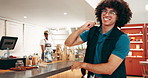 Man, delivery and cafe with bag for takeaway, transport or online order at indoor restaurant. Male person, courier guy or employee with pack or parcel for food, pickup or distribution at coffee shop