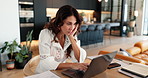 Thinking, woman and laptop for remote work at house as journalist, editing blog or article feedback. Female writer, ideas and online research, review email and proposal documents of publishing agency