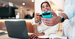 Happy woman, customer and hands with pos machine at cafe for payment, NFC transaction or wireless atm. Female person, purchase and laptop with credit card for fintech, tap or checkout at coffee shop