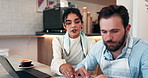 Business people, laptop and cafe with documents for stock, inventory or meeting at indoor restaurant. Businessman, woman or coworkers with paperwork for finance, profit or statistics at coffee shop