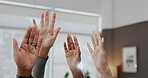 Hands, praying and group with faith, church or commitment for marriage, couple or relationship workshop. Christian, closeup and people with belief for religion, ring and worship of God or partnership