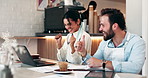Excited, business people and winning with laptop at cafe for profit, success or celebration at restaurant. Businessman, woman or happy employees with smile on computer for good news or online review