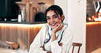 Customer, face and woman relax in cafe for weekend break, waiting for service and hospitality. Restaurant, person and happy at table for holiday travel, wellness and confidence with positive attitude