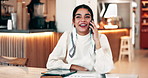 Happy woman, business and discussion with phone call at cafe for communication or online order. Female person, entrepreneur or coffee shop owner talking with mobile smartphone for conversation or app