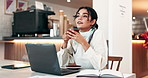 Happy, business woman or coffee with laptop at cafe for morning bevereage or career startup. Female person, employee or thinking with drink or caffeine on computer for dream or ambition at restaurant