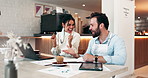 Excited, business people and winning with laptop at cafe for good news, promotion or review at indoor restaurant. Happy, businessman and woman with smile for sale, deal or success at coffee shop