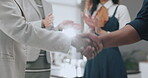 Business people, handshake and applause in office, teamwork and thank you to client in meeting. Agreement, employees and collaboration in workplace, partnership and clapping for onboarding support
