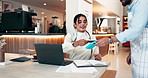 Happy woman, customer and waiter with pos machine at cafe for payment, NFC transaction or wireless atm. Female person, purchase and laptop with credit card for fintech, tap or checkout at coffee shop