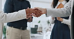 Handshake, applause and group in office with celebration, promotion and congratulations for performance. Business people, cheers and goals with support, motivation and achievement at insurance agency