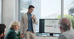 Man, presentation and monitor with charts in boardroom for feedback, accounting or financial planning. Person, leader or speaker with group, graphs and stats for profit, revenue and review at office