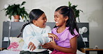 Happy, playing and young kids on bed for bonding, tickle and sister relationship in morning. Family home, siblings and girls in bedroom for laughing, having fun and playful together for childhood