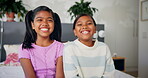 Girl, sisters and face with laughing in home for funny joke, weekend break and relax on bed. Happy family, children and portrait in bedroom for bonding, sibling support or comic relationship in house