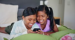Phone, laugh and kids in bedroom for relax, scroll ebook meme and funny gif online in home. Children, girls and sisters on mobile for internet, game app and streaming cartoon or comedy video together