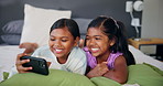 Phone, smile and kids in bedroom for relax, reading ebook and learning online in home. Children, girls and sisters on mobile for internet, game app and streaming cartoon together with social media