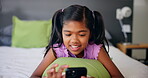 Happy, browsing and child with smartphone, home and laughing at funny videos, social media and online. Bedroom, streaming and girl with mobile for movies, digital and kid with tech for entertainment
