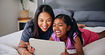 Tablet, mom and kid laugh in bedroom for movie, comedy show or watch cartoon together in family home. Child, girl or mother with digital technology for learning online, game app or reading funny meme