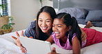 Tablet, mother and kid laugh in bedroom for movie, comedy show or watch cartoon together in family home. Child, girl or mom with digital technology for learning online, game app or reading funny meme