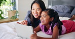 Tablet, mother and happy child in home for relax, scroll ebook or conversation together in family bedroom. Kid, girl and mom with digital technology for learning online, game app or streaming cartoon
