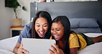 Tablet, mom and kid laugh in home for movie, comedy show or watch cartoon together in family bedroom. Child, girl or mother with digital technology for learning online, game app or reading funny meme