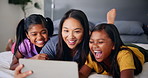 Relax, mom bed and mom with children on tablet for online entertainment, watching cartoons and games. Family home, bedroom and mother with girls on digital tech for streaming video, bonding or movies