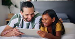 Bonding, dad and child with tablet, watching and streaming of cartoons in home, online or laughing. Digital, father and daughter with tech for funny videos, smile or entertainment for family in house