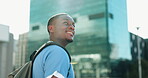 Smile, thinking and medical student with black man in city future, healthcare and opportunity. Doctor program, nursing internship and happy with person outdoors for residency training and idea