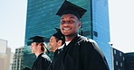 Graduation, students and face of black man in city for celebration, ceremony or achievement. College, school and happy person with friends for education success, university degree and qualification