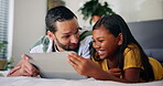 Bonding, dad and child with tablet, home and laughing at cartoons on website, online and  watching. Digital, father and daughter with tech for funny videos, smile or entertainment for family in house